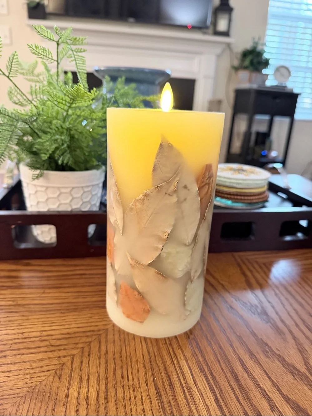 Vintage flameless Cream with Leaf accents  Pillar Candle
